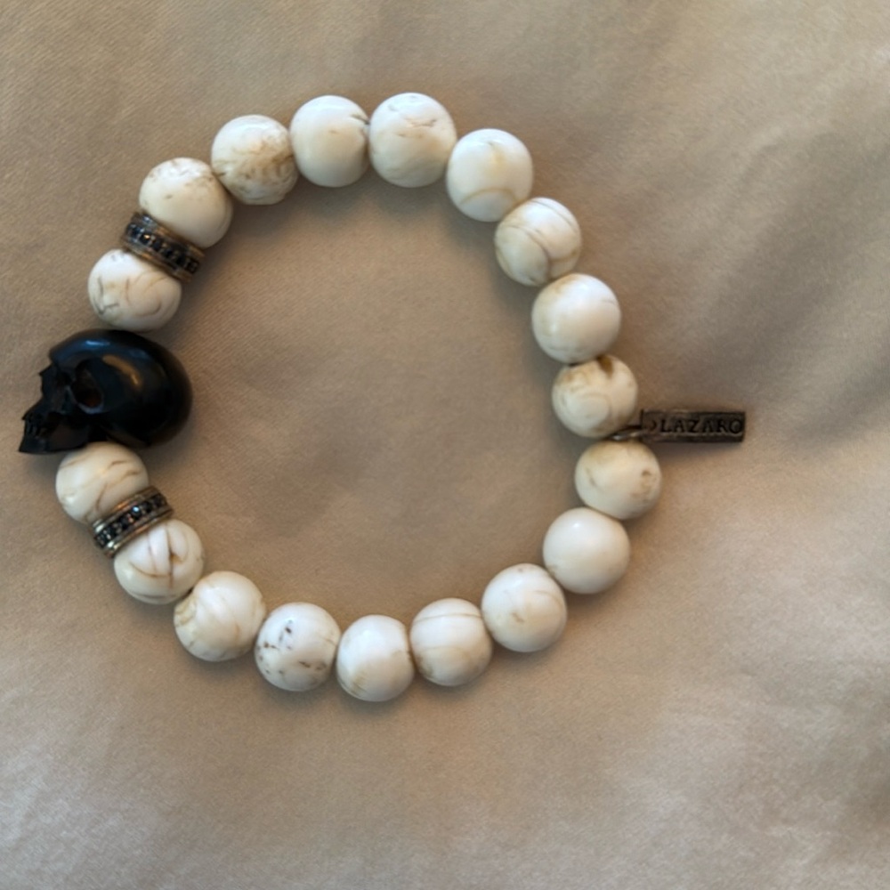 Lazaro Black Sapphire, Conch Shell Bead & Jet Skull Men's Bracelet